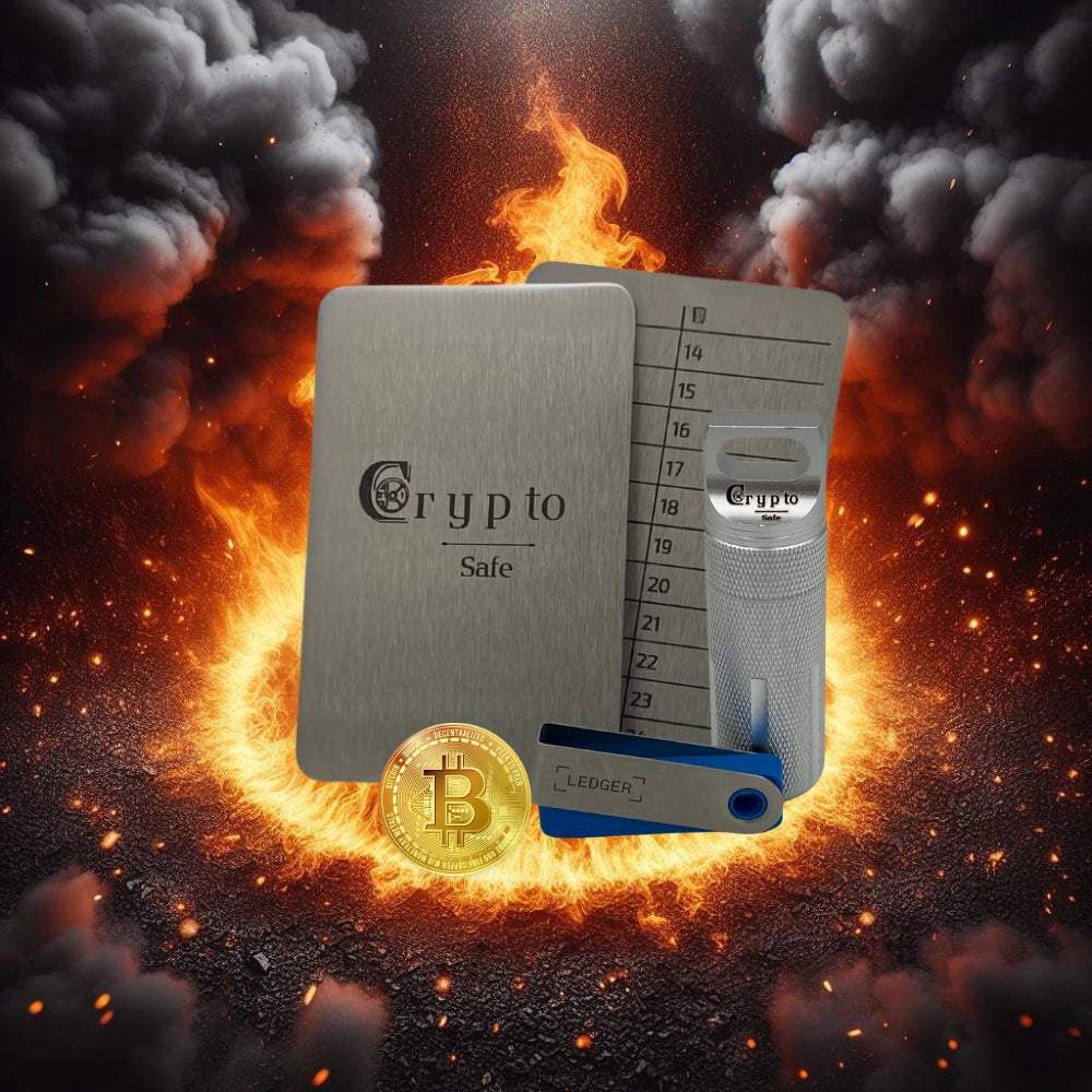 Plaque et capsule de protection CryptoSafe au milieu d'un sol en feu